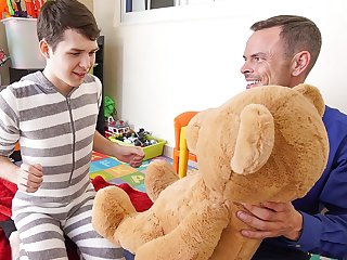 Bareback Twink Stepson And Stepdad Family Threesome With Stuffed Bear
